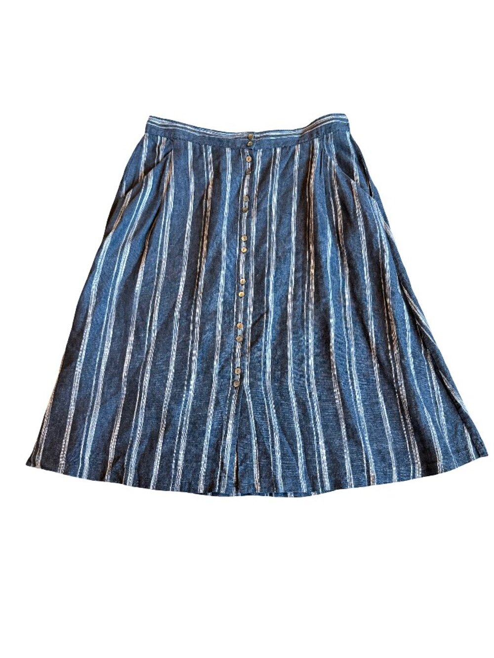 Garnet Hill Blue Striped Linen Button Front Midi Skirt Pockets Size 16 Women's